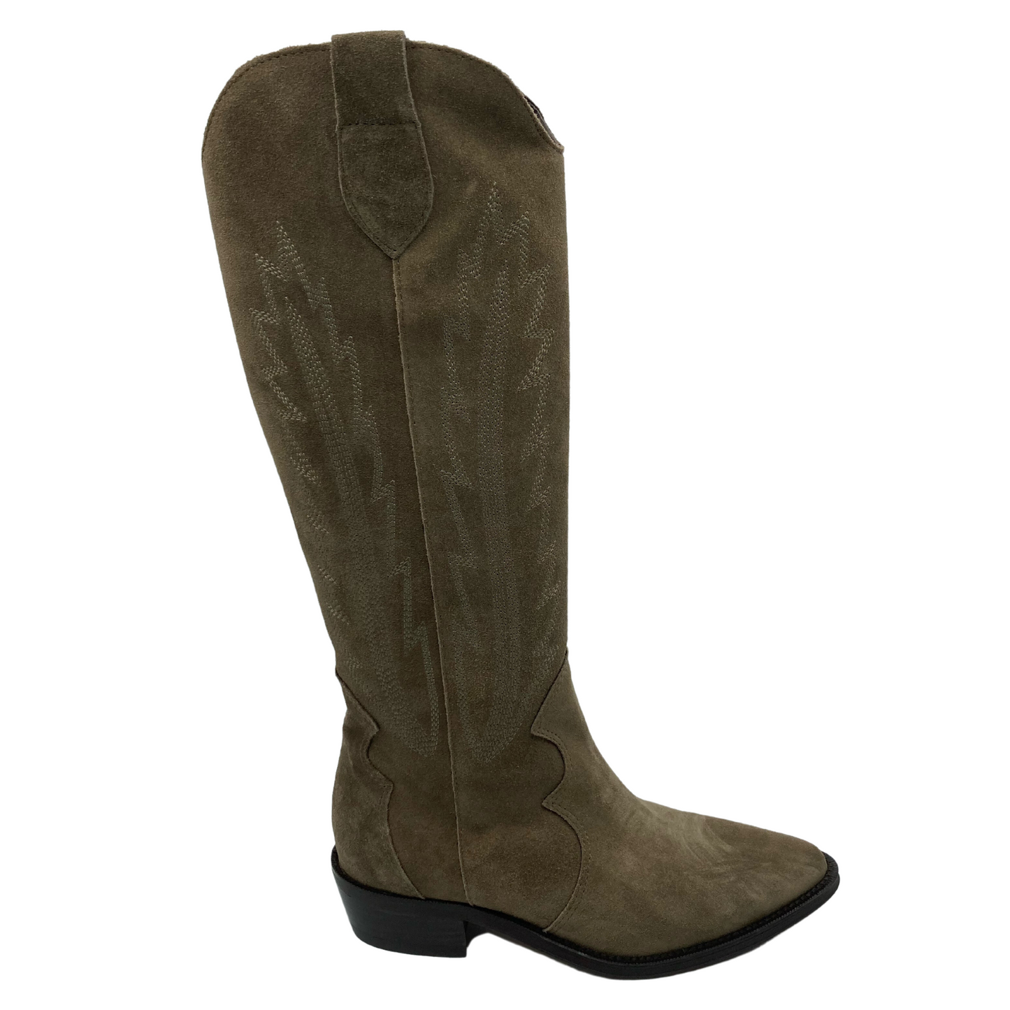 Right facing view of sand coloured tall cowboy boot with low heel