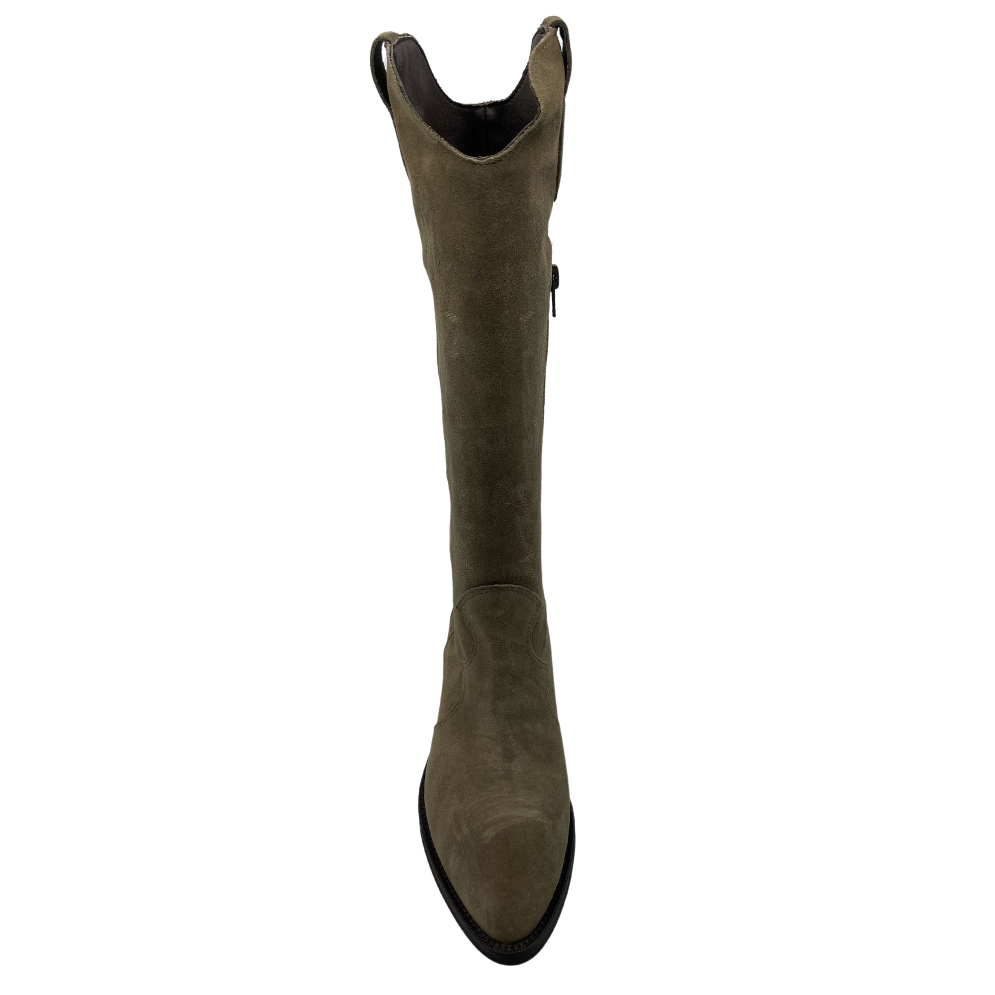 Front view of tall sand coloured cowboy boot with pointed toe and side zipper closure