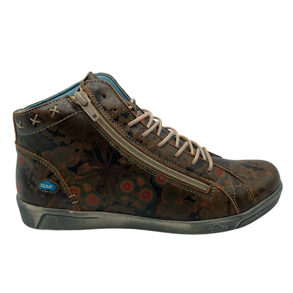 Right facing view of brown and red patterned leather sneaker with side zipper closure