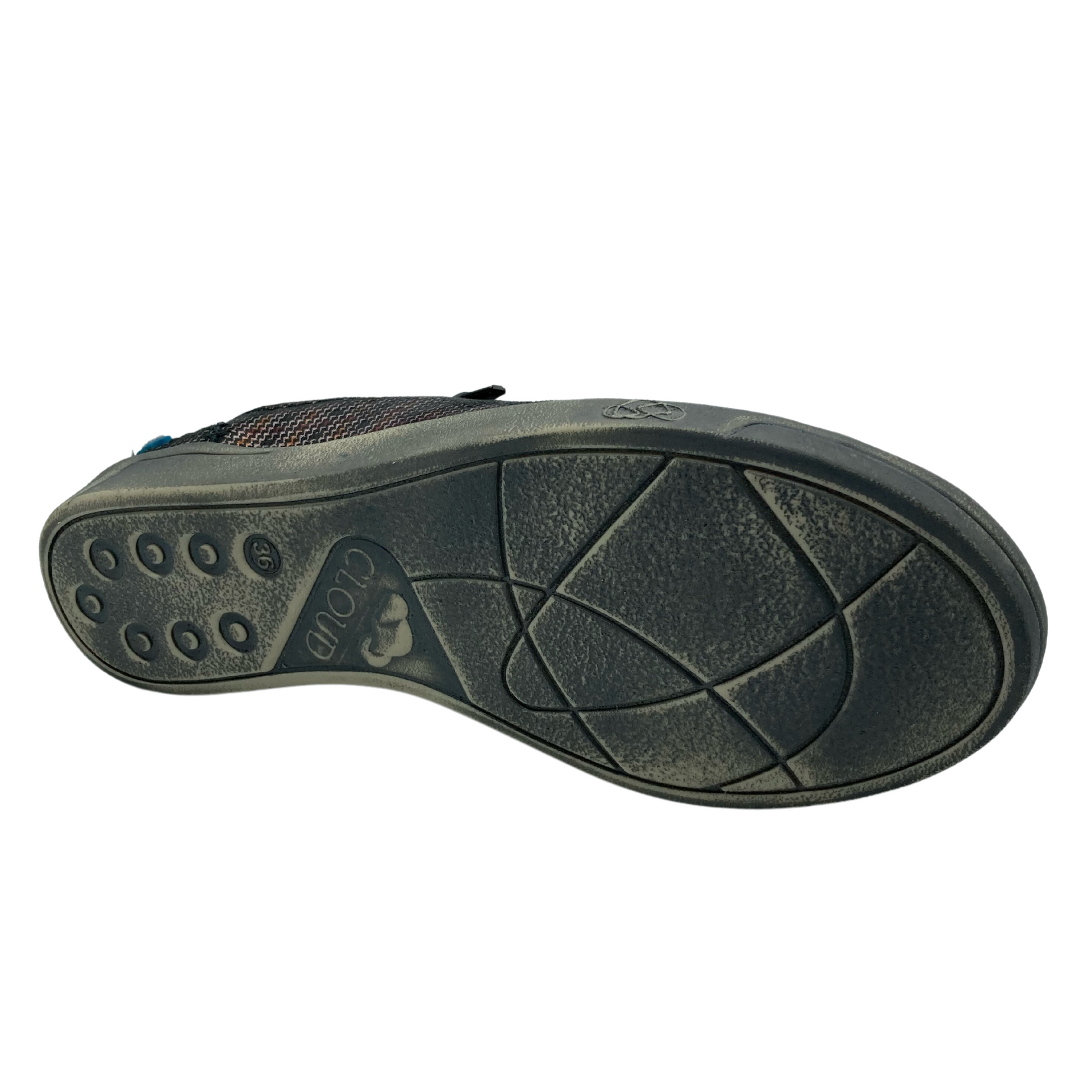 Bottom view of leather sneaker with grey rubber outsole