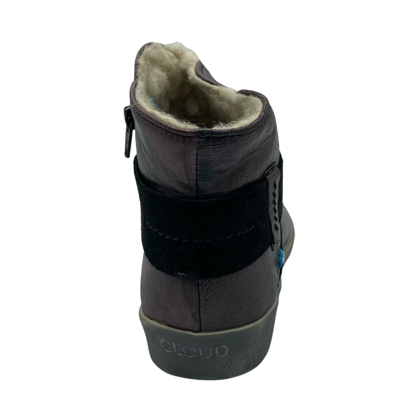 Back view of leather short ankle boot with wrap around strap and grey rubber outsole