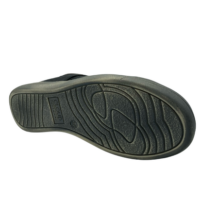 Bottom view of black leather sneaker with grey rubber outsole