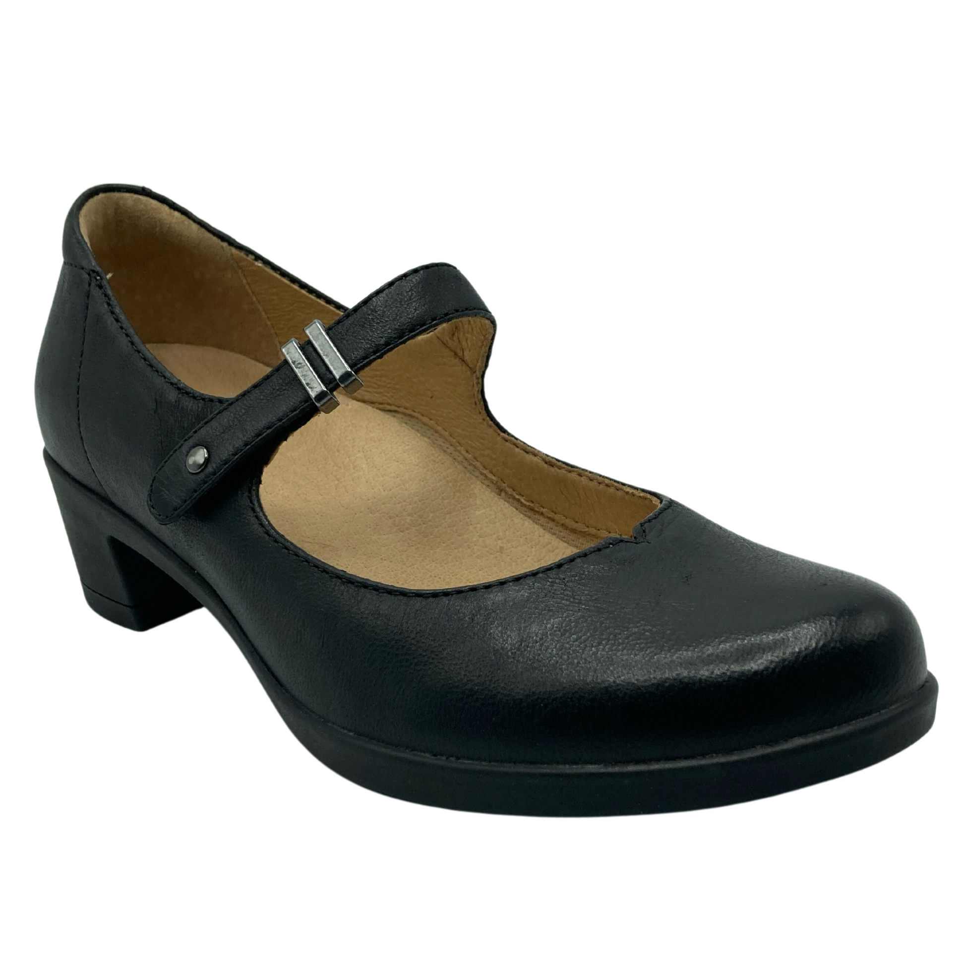 45 degree angled view of black leather mary janes with low block heel and silver details on strap
