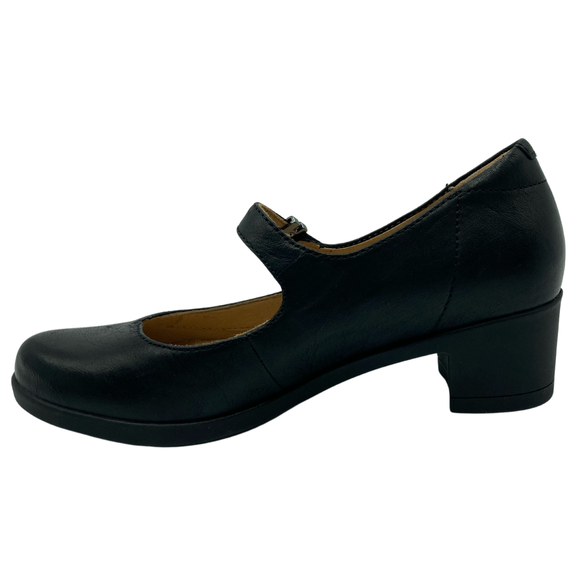 Left view of black leather mary jane with low block heel and rounded toe