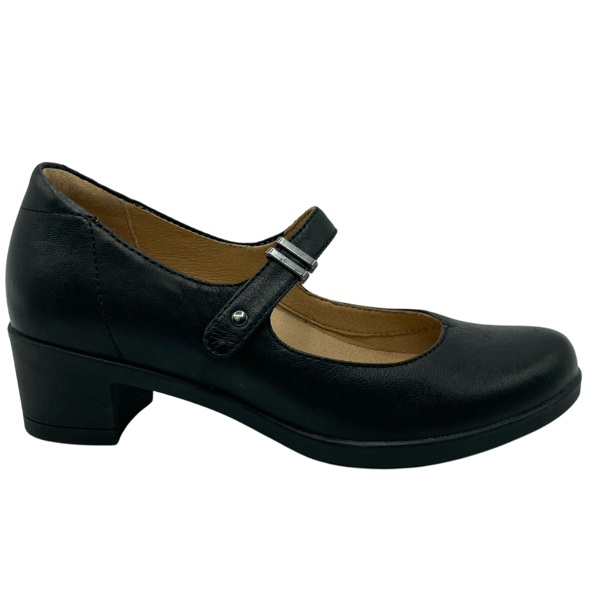 Right facing view of black leather mary jane shoe with low block heel and silver details on the strap