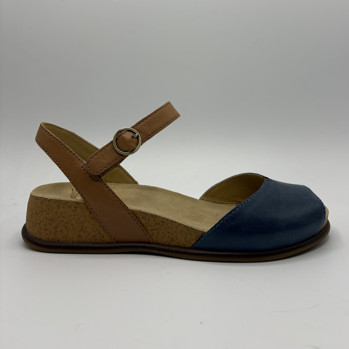 Brown and blue sandal on a white background