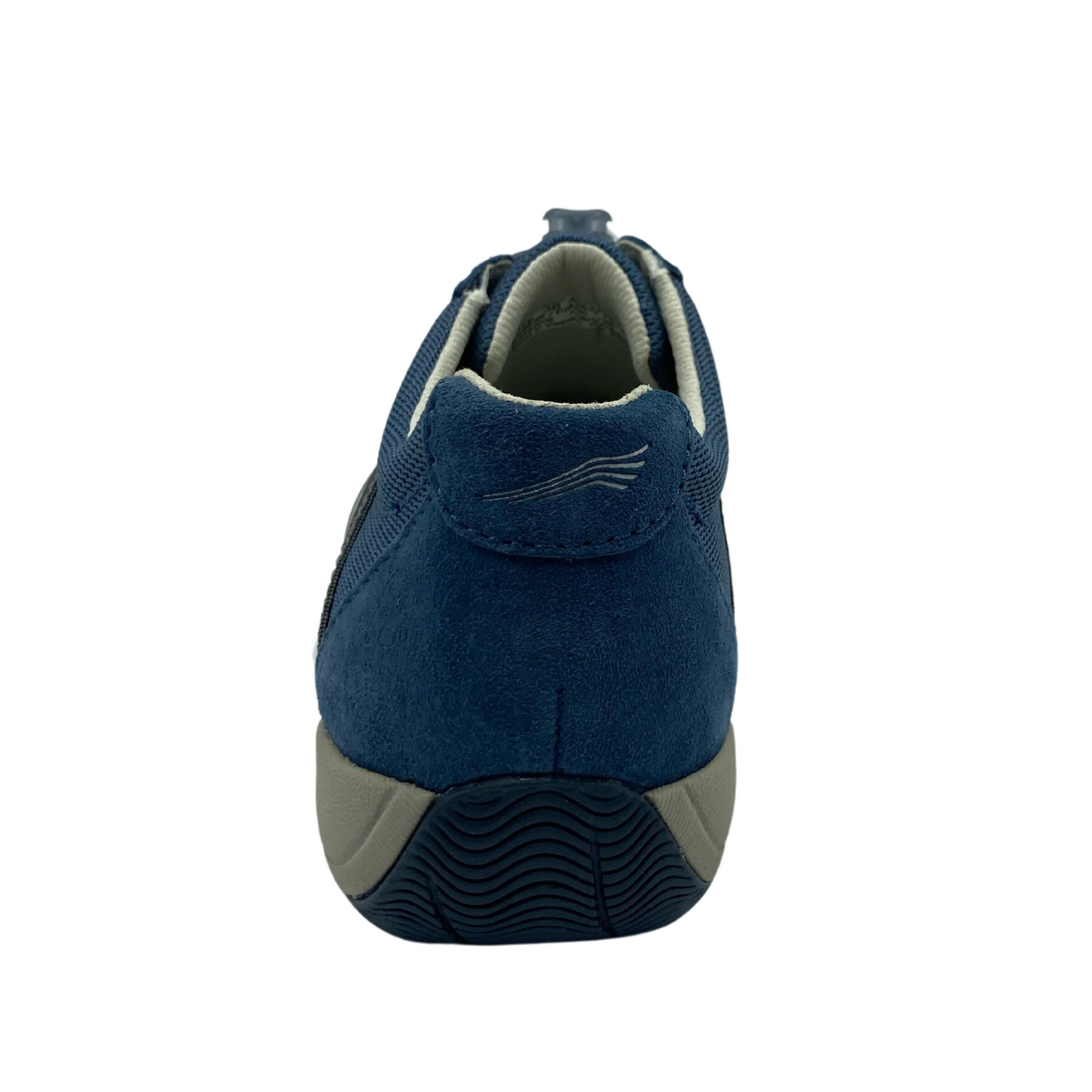Heel view of navy suede sneaker with rubber sole