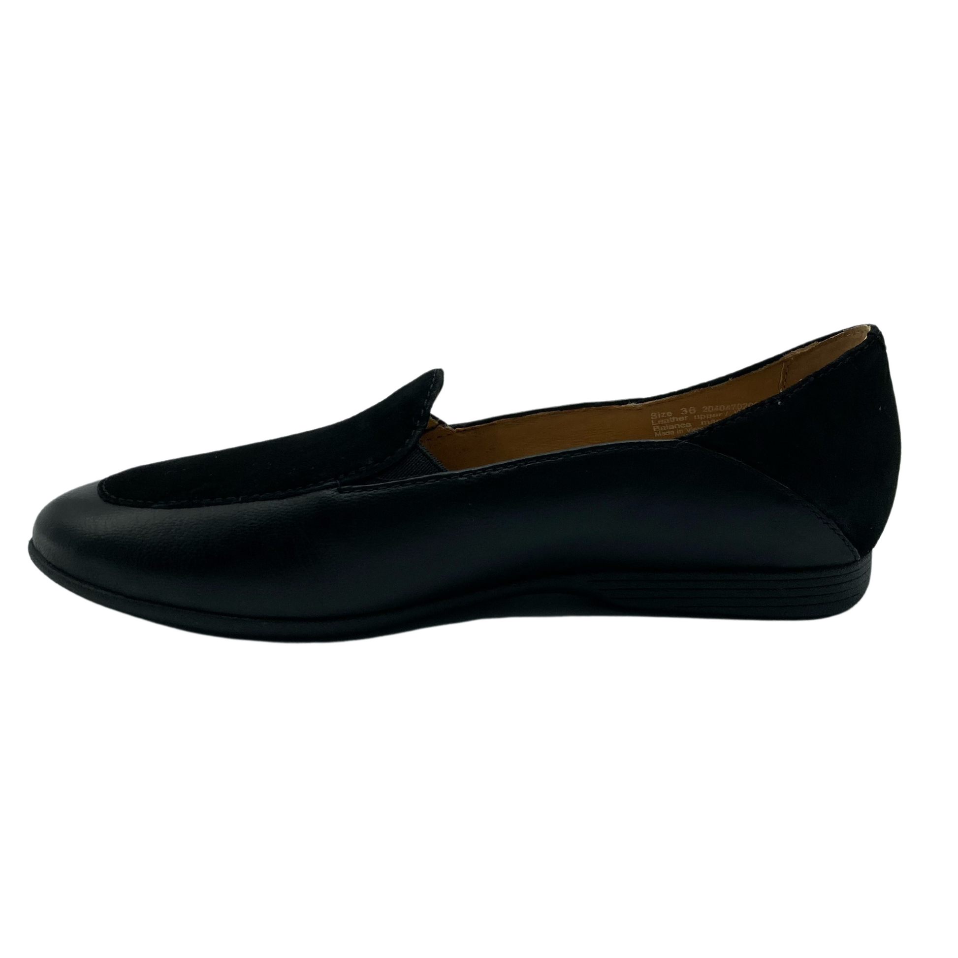 Left facing view of black leather flat shoe