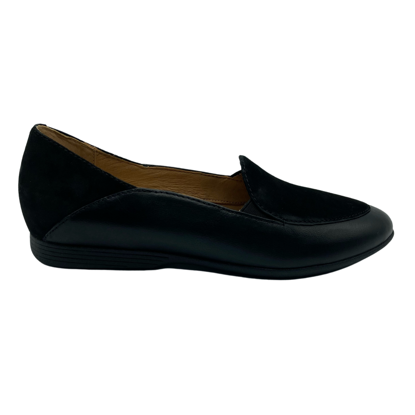 Right facing view of black leather flat with rounded toe