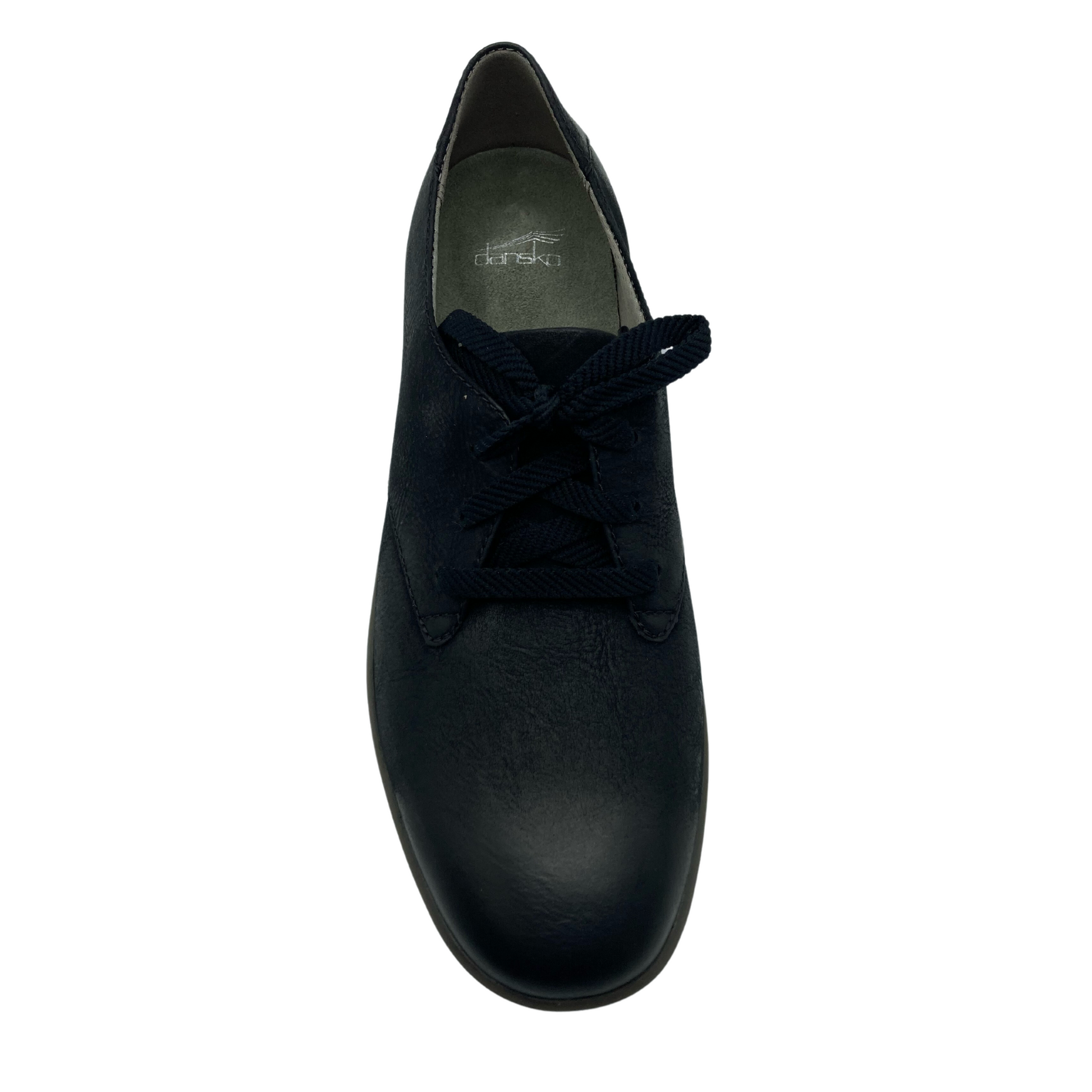 Top view of black leather oxford with rounded toe and black laces