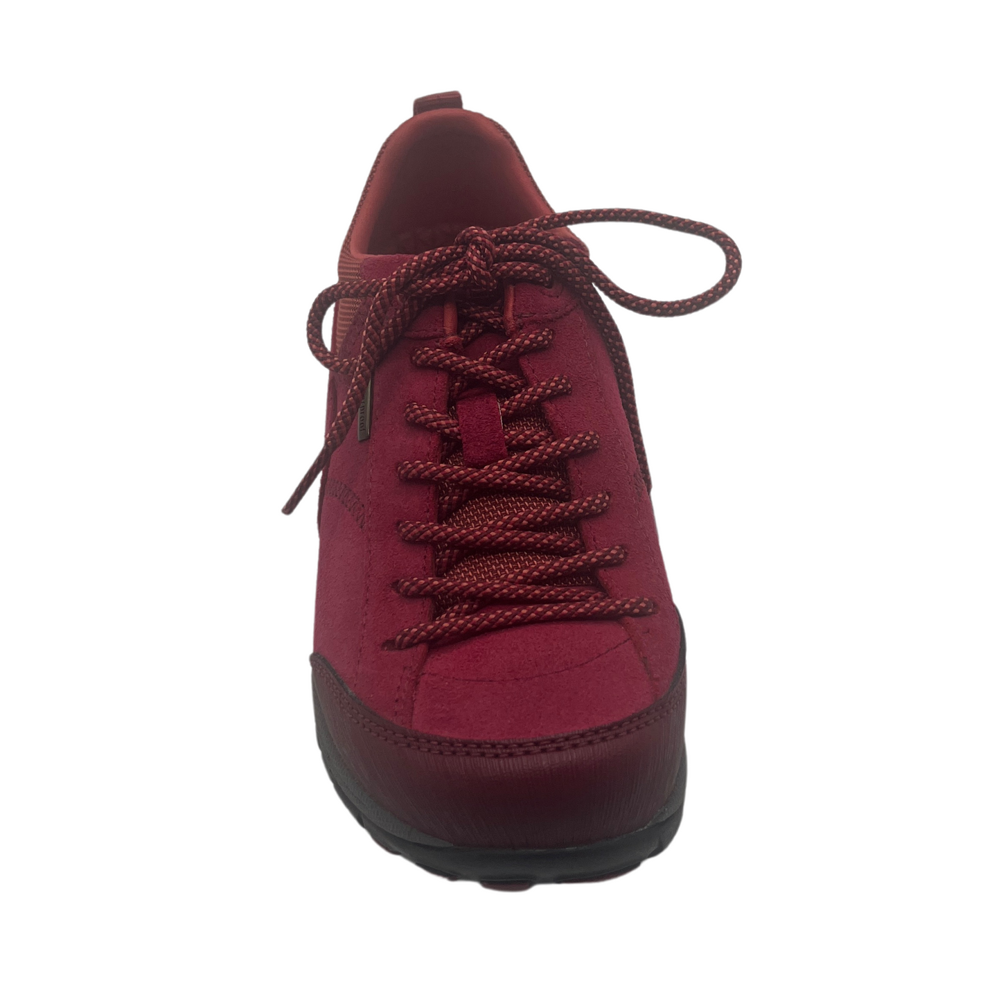 Top view of red hiking shoe with matching laces and black rubber outsole