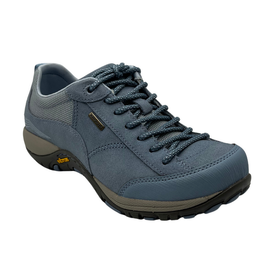 45 degree angled view of sky blue hiking shoe with matching laces and vibram rubber sole