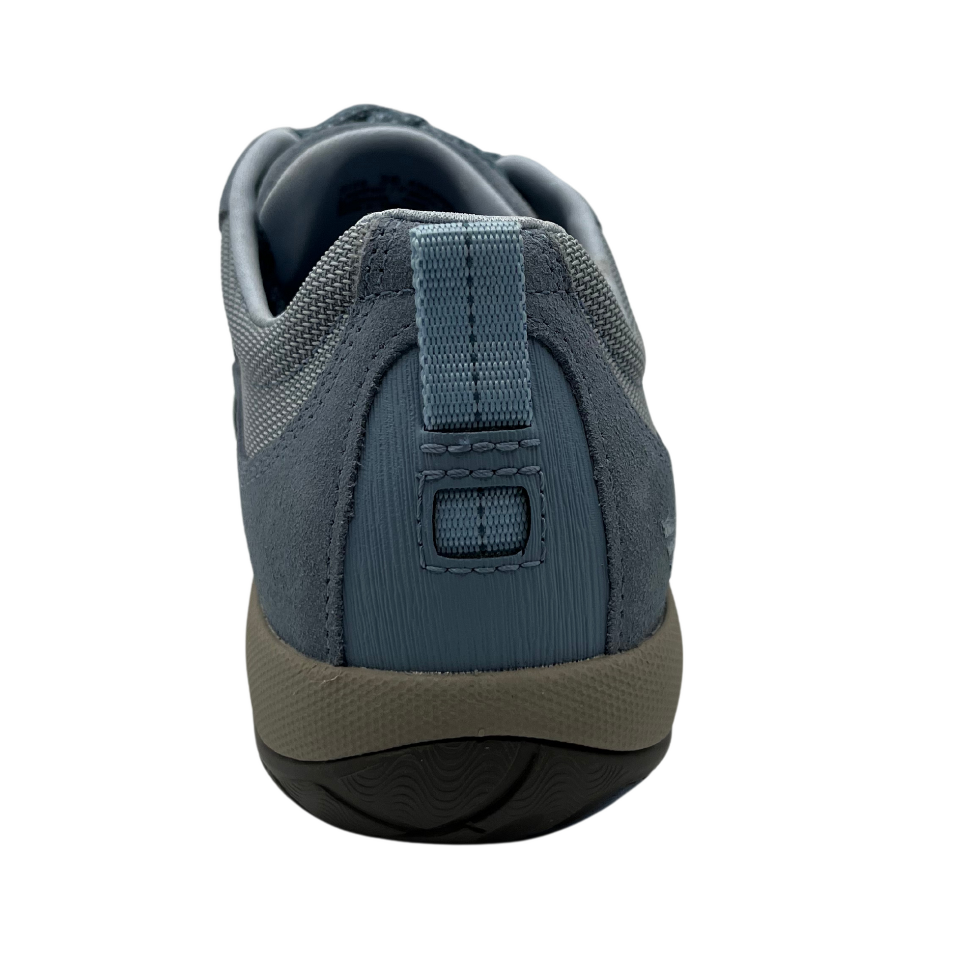 Back view of sky blue hiking shoe with vibram rubber outsole