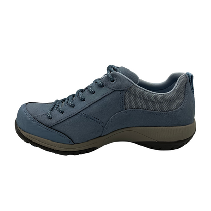 Left facing view of sky blue hiking shoe with vibram rubber outsole