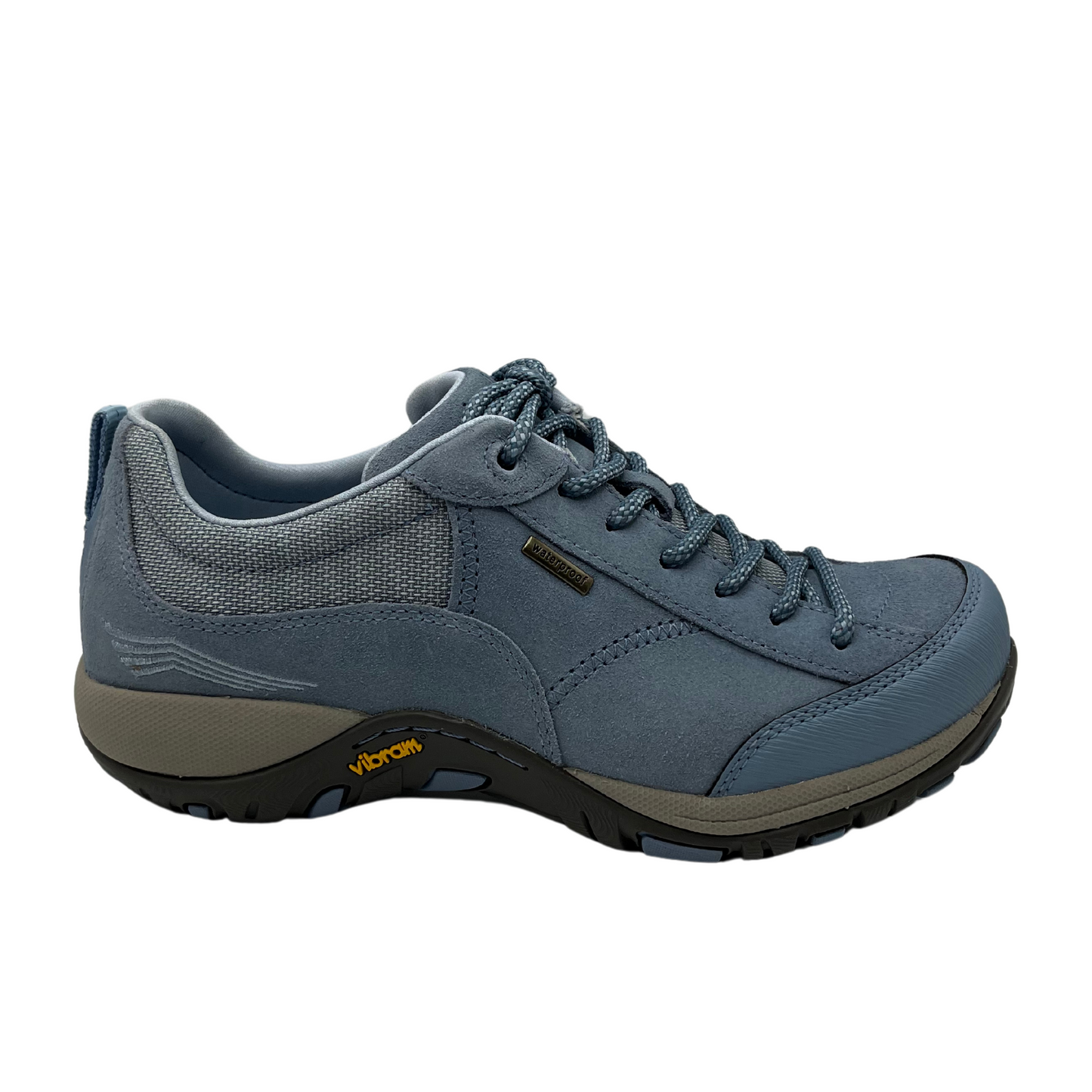 Right facing view of sky blue hiking shoe with vibram rubber outsole