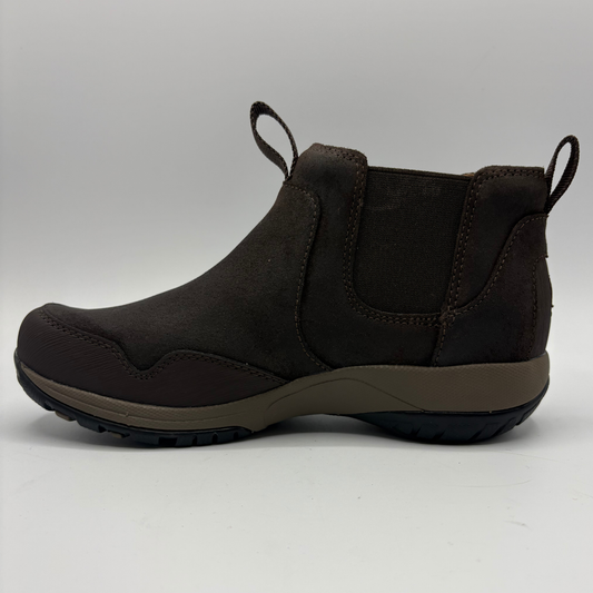 Left view of a short brown boot with two pull tabs and a contoured outsole