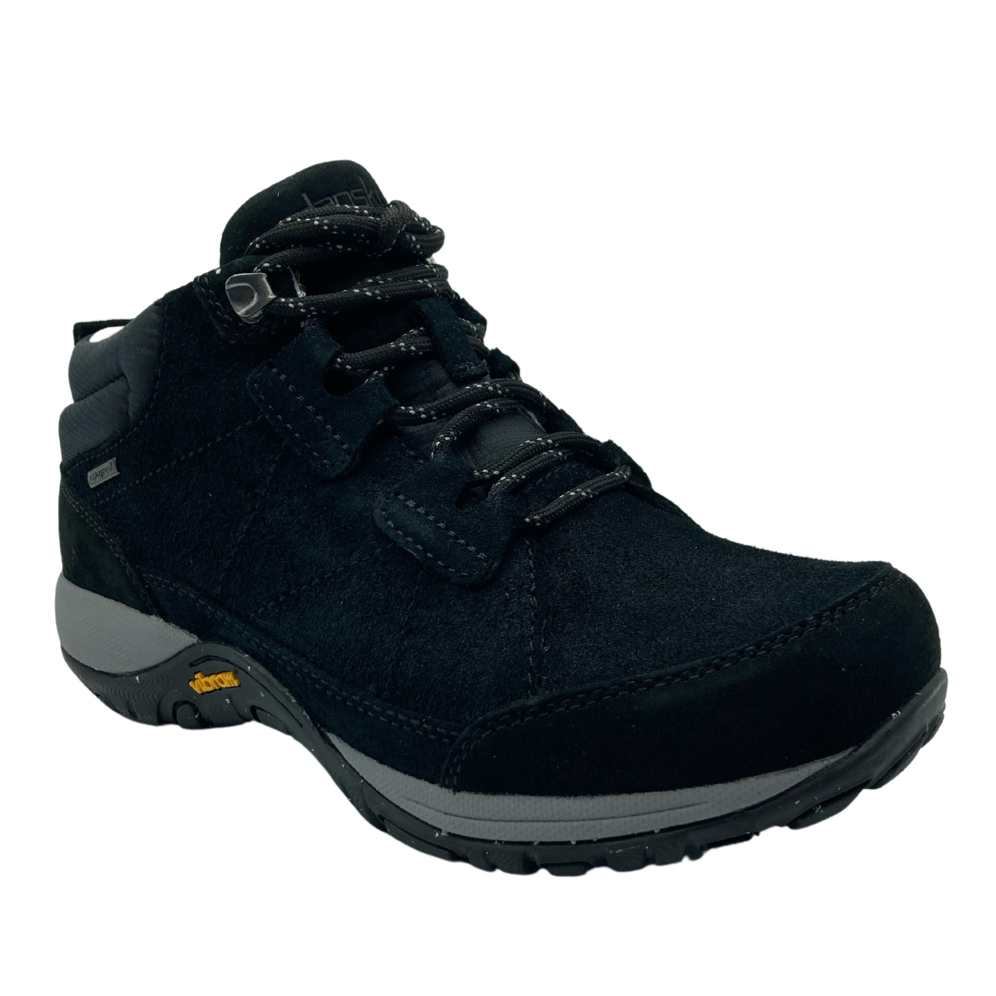 Angled view of black suede walking boot