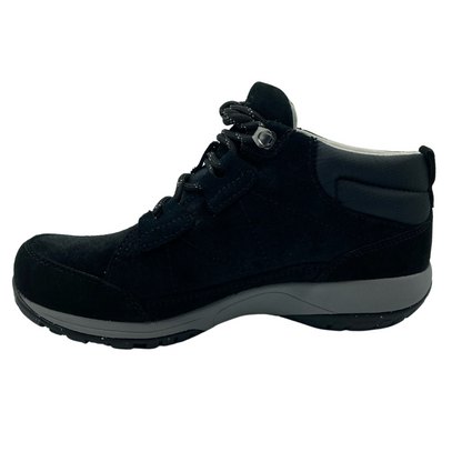 Side view of short black walking boot with two tone grey rubber sole