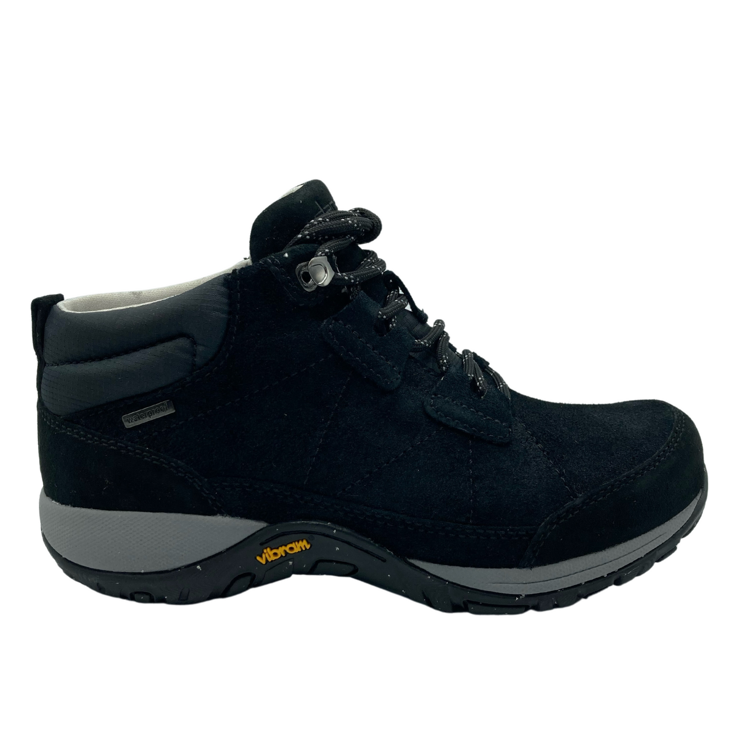 Right facing view of black suede short walking boot