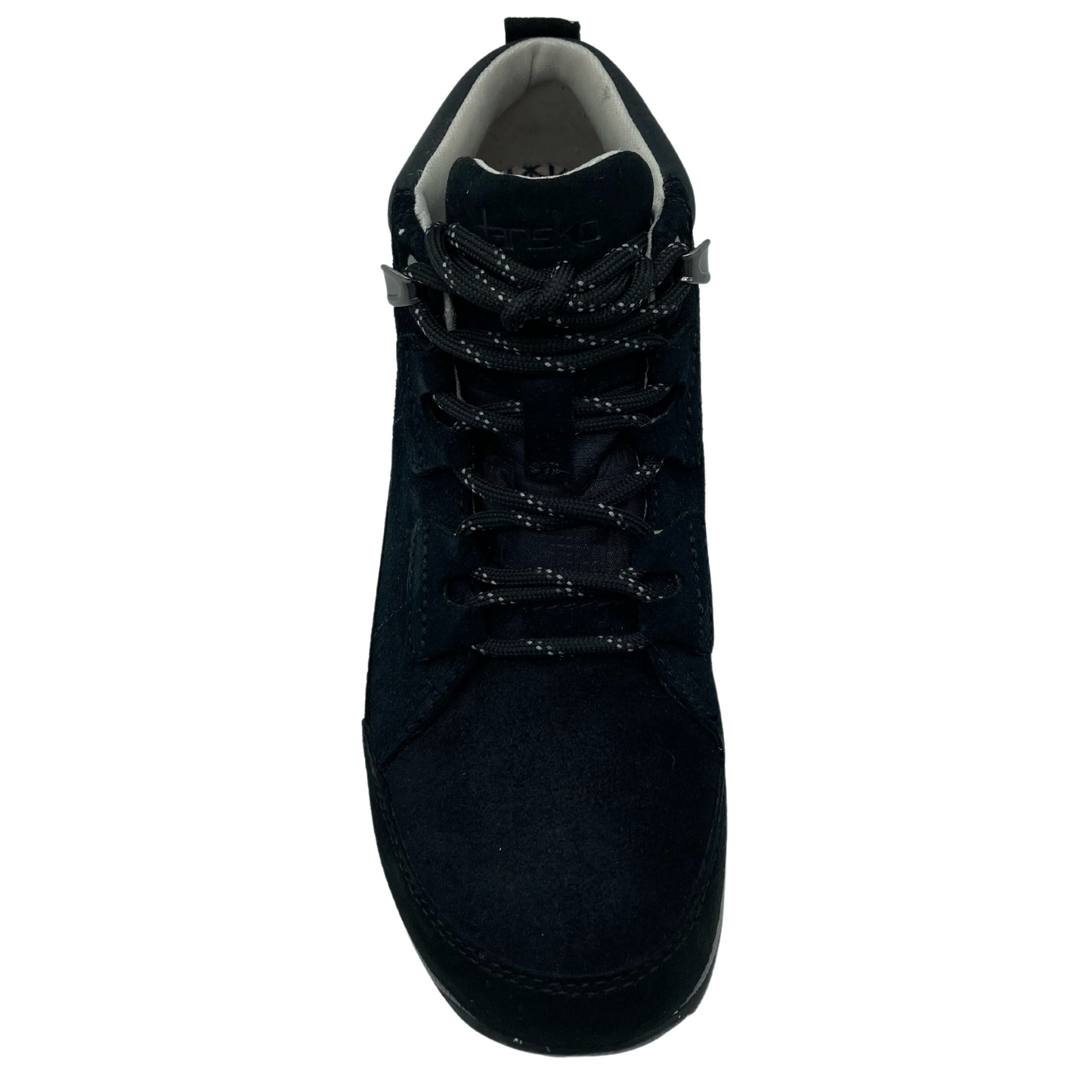 Top down view of suede hiking shoe with black and white laces