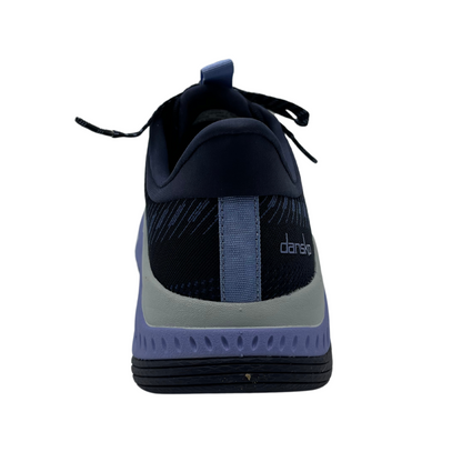 Back facing view of navy, white and lavender sneaker with thick outsole