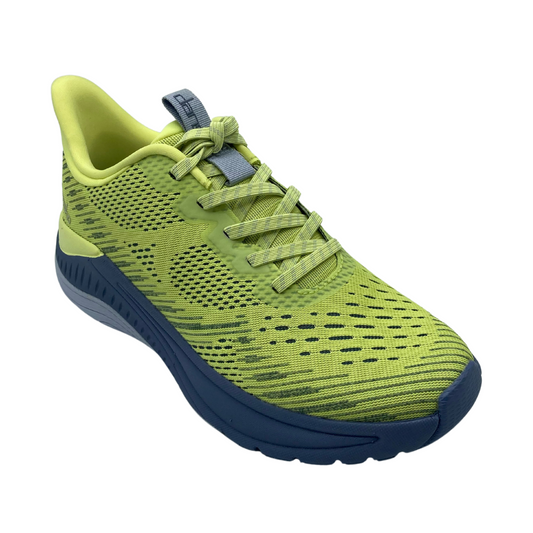 45 degree view of yellow mesh sneaker with blue and grey rubber sole
