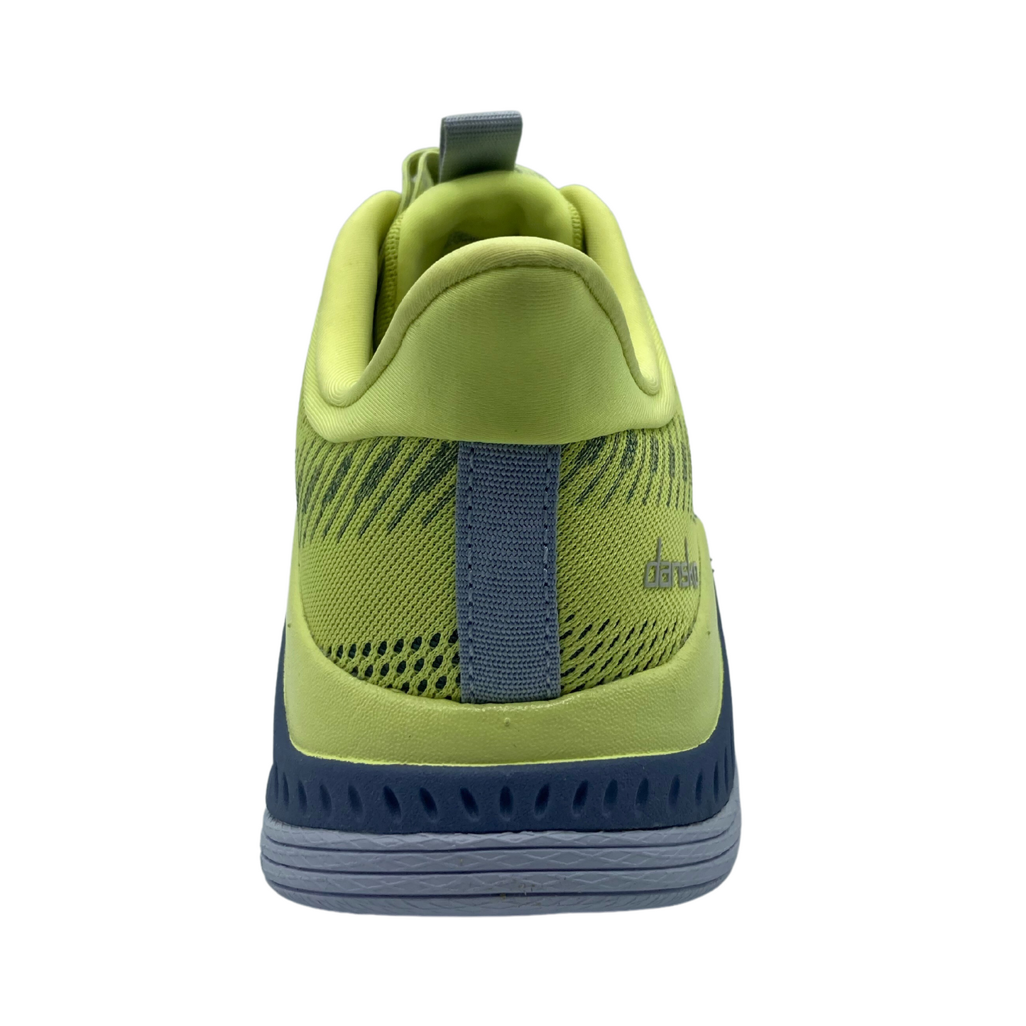Heel view of yellow mesh sneaker with yellow, blue and grey rubber sole