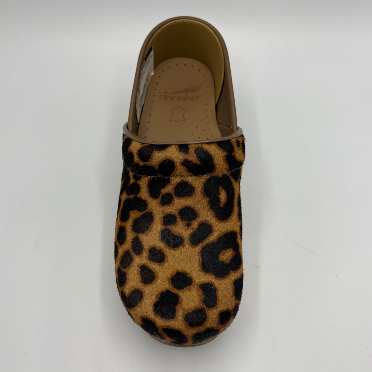 Top view of a leopard print clog