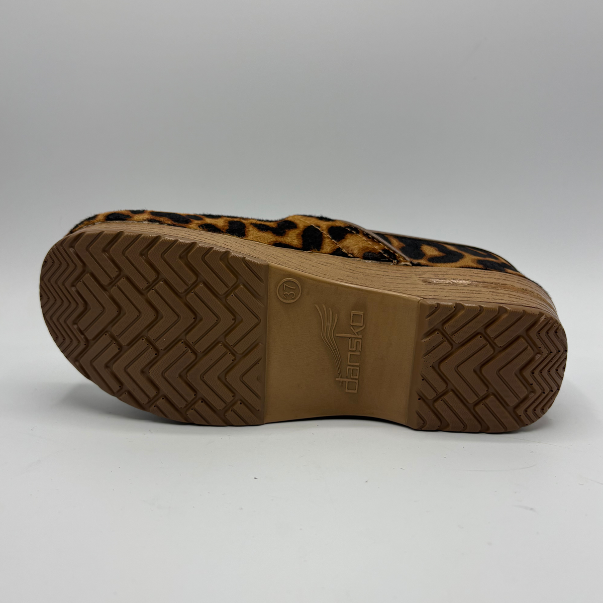 Bottom view of a leopard print clog