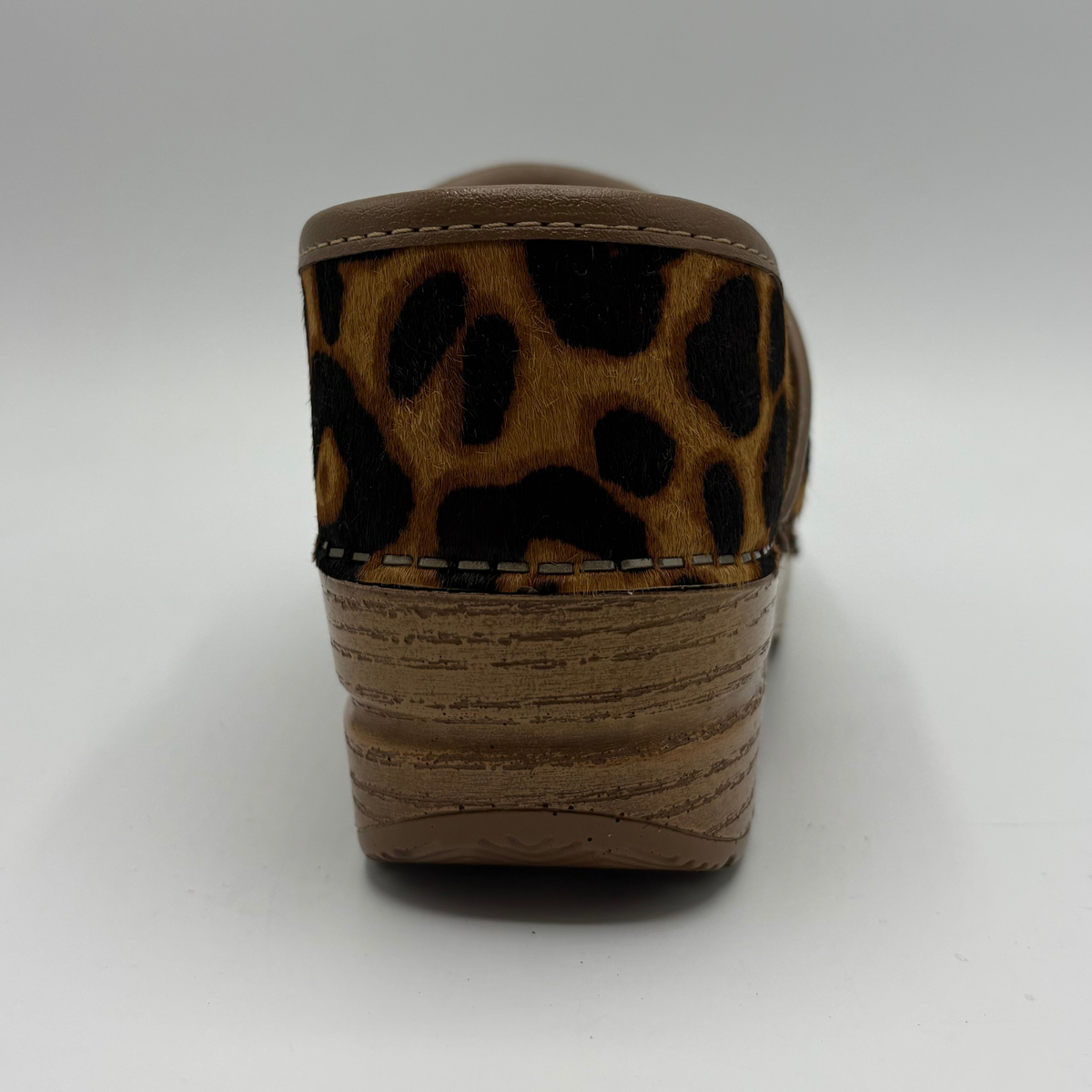 Back view of a leopard print clog