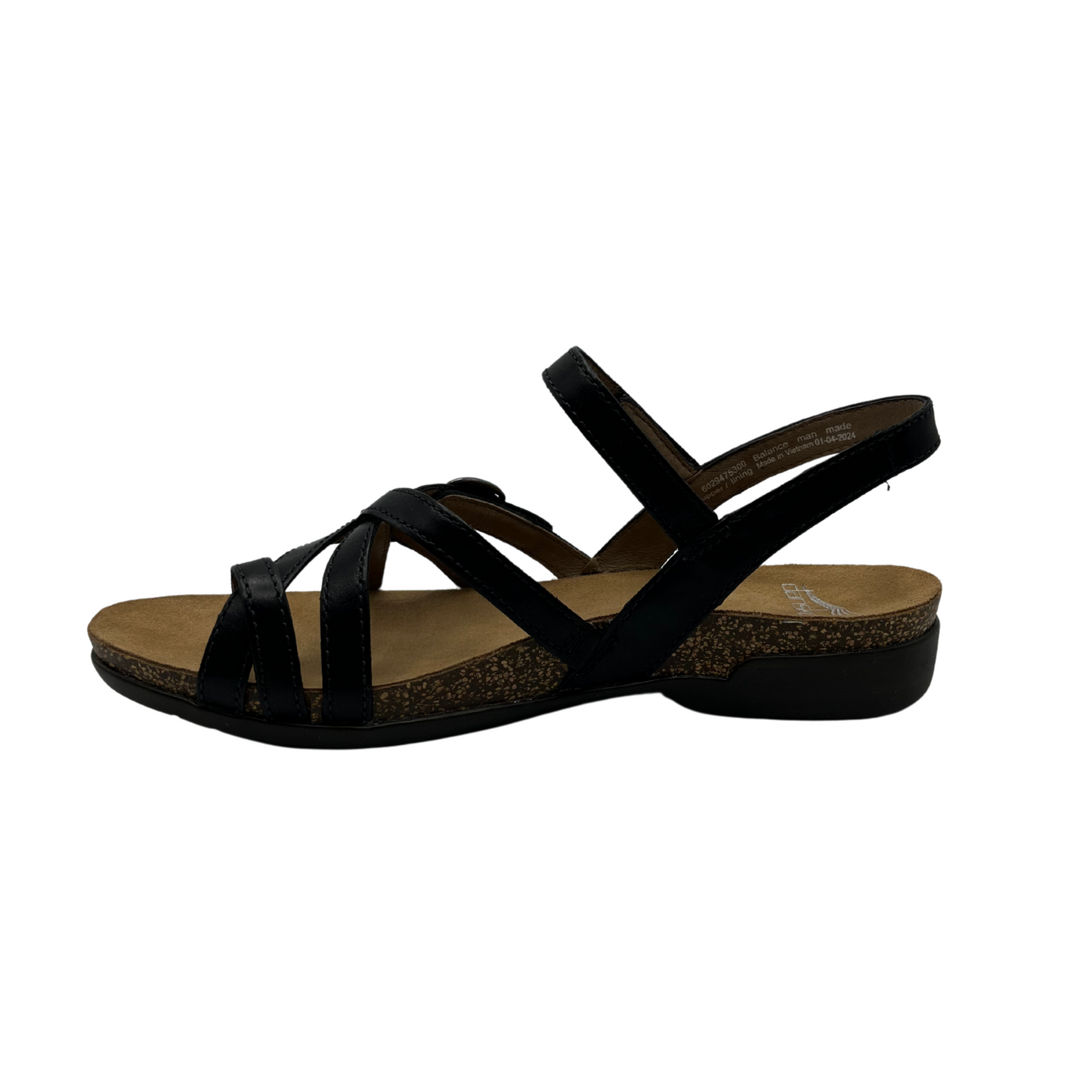 Left facing view of black leather and nubuck sandal with gold buckles and a cork and rubber outsole