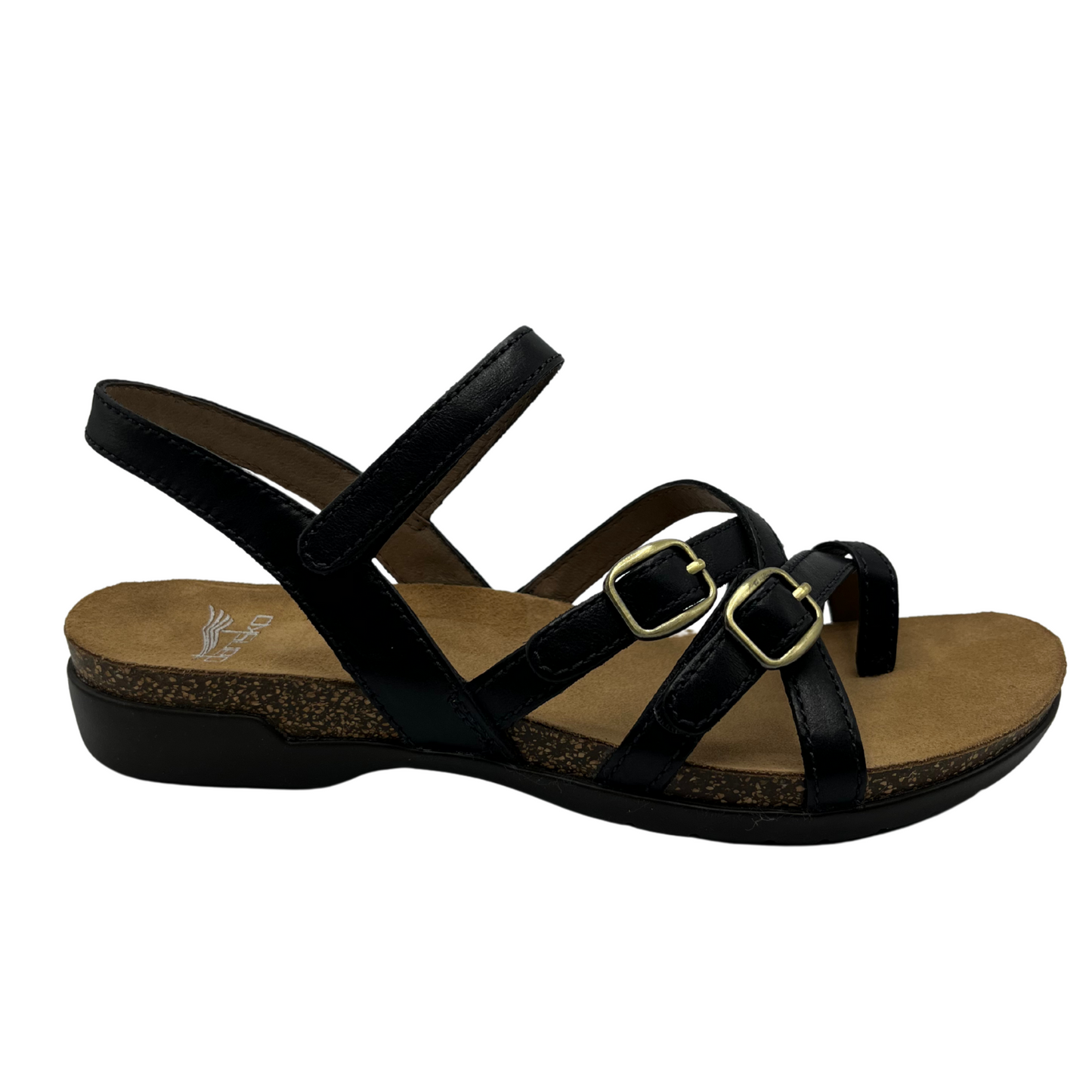 Right facing view of black leather and nubuck sandal with gold buckles and a cork and rubber outsole