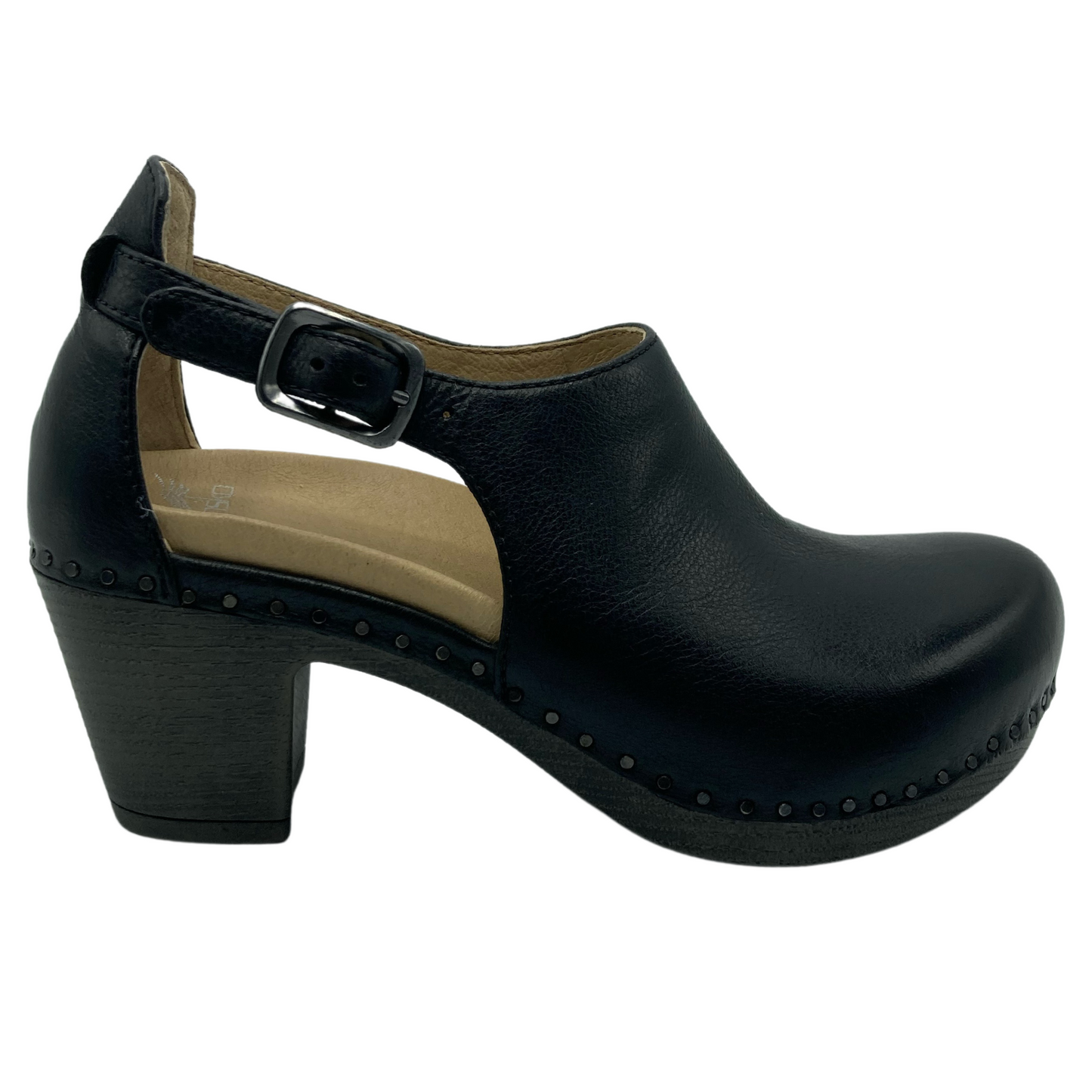 Right facing view of black clog with chunky heel and nailhead trim