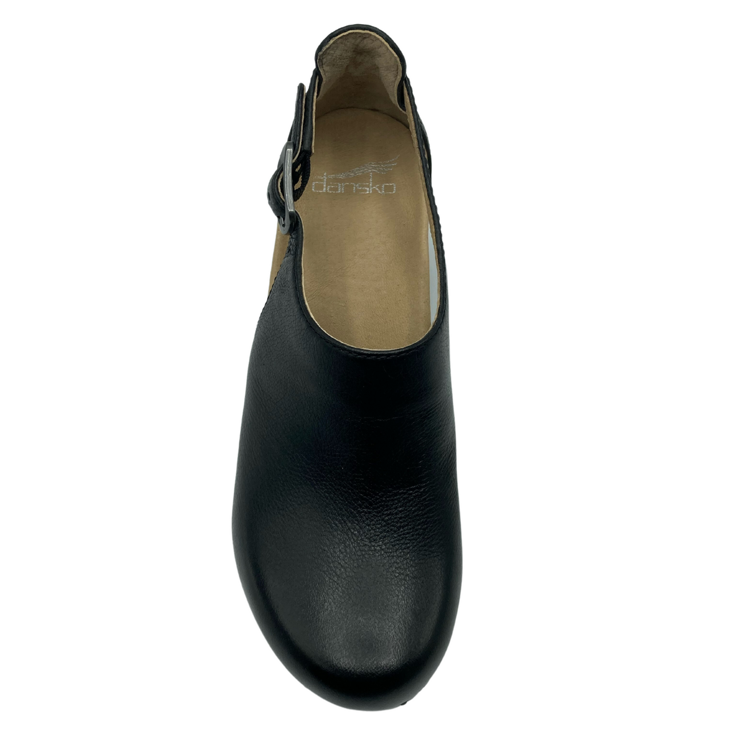 Top view of black leather clog with tan leather insole and rounded toe