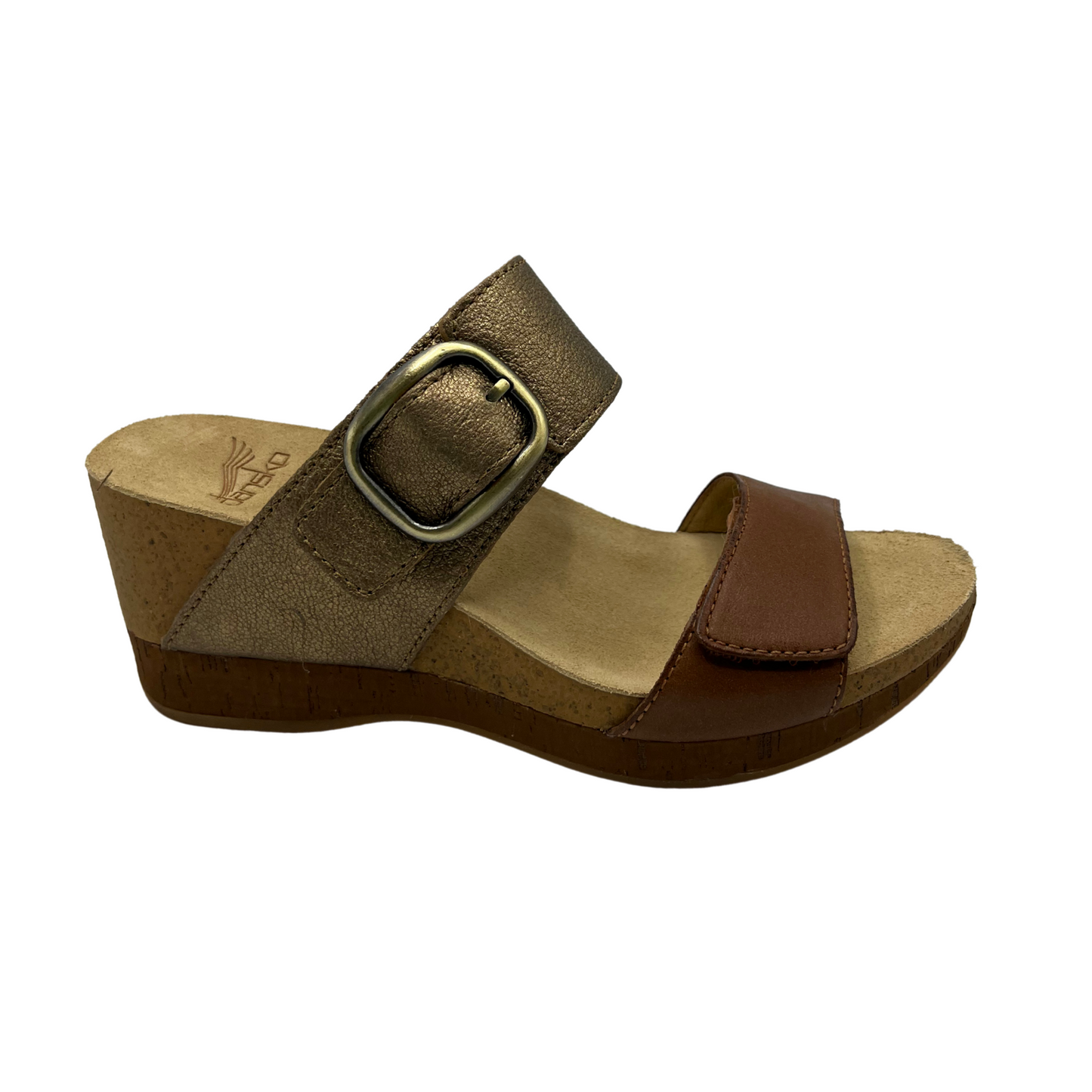 Right facing view of slip on wedge sandal with adjustable straps and suede lined footbed.