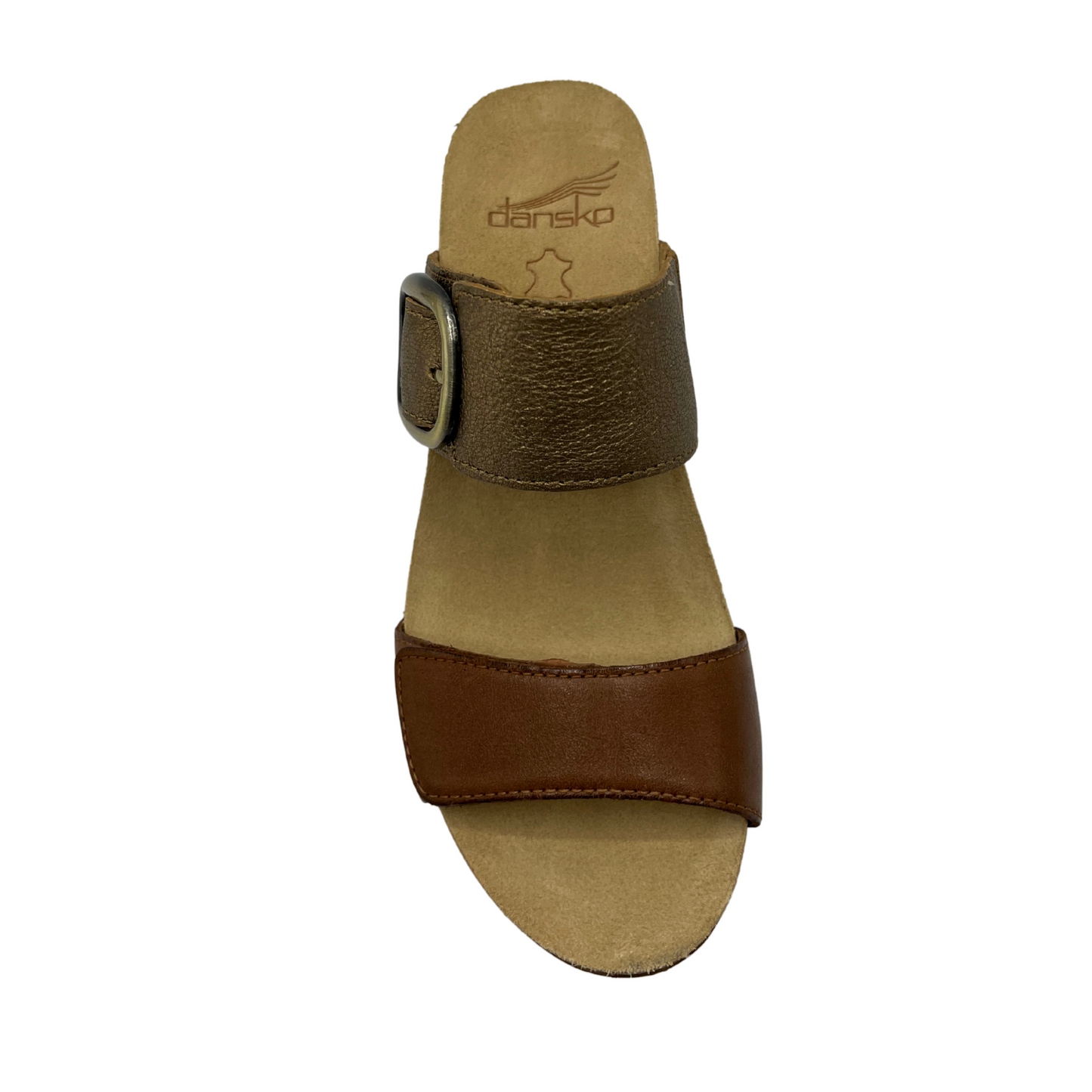 Top view of slip on wedge sandal with adjustable straps and suede lined footbed.