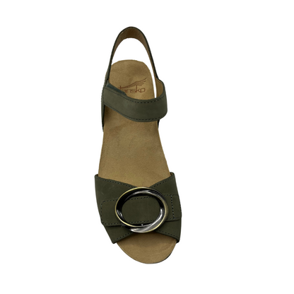 Top view of a nubuck and suede wedge sandal with adjustable velcro straps in a soft sage colour.