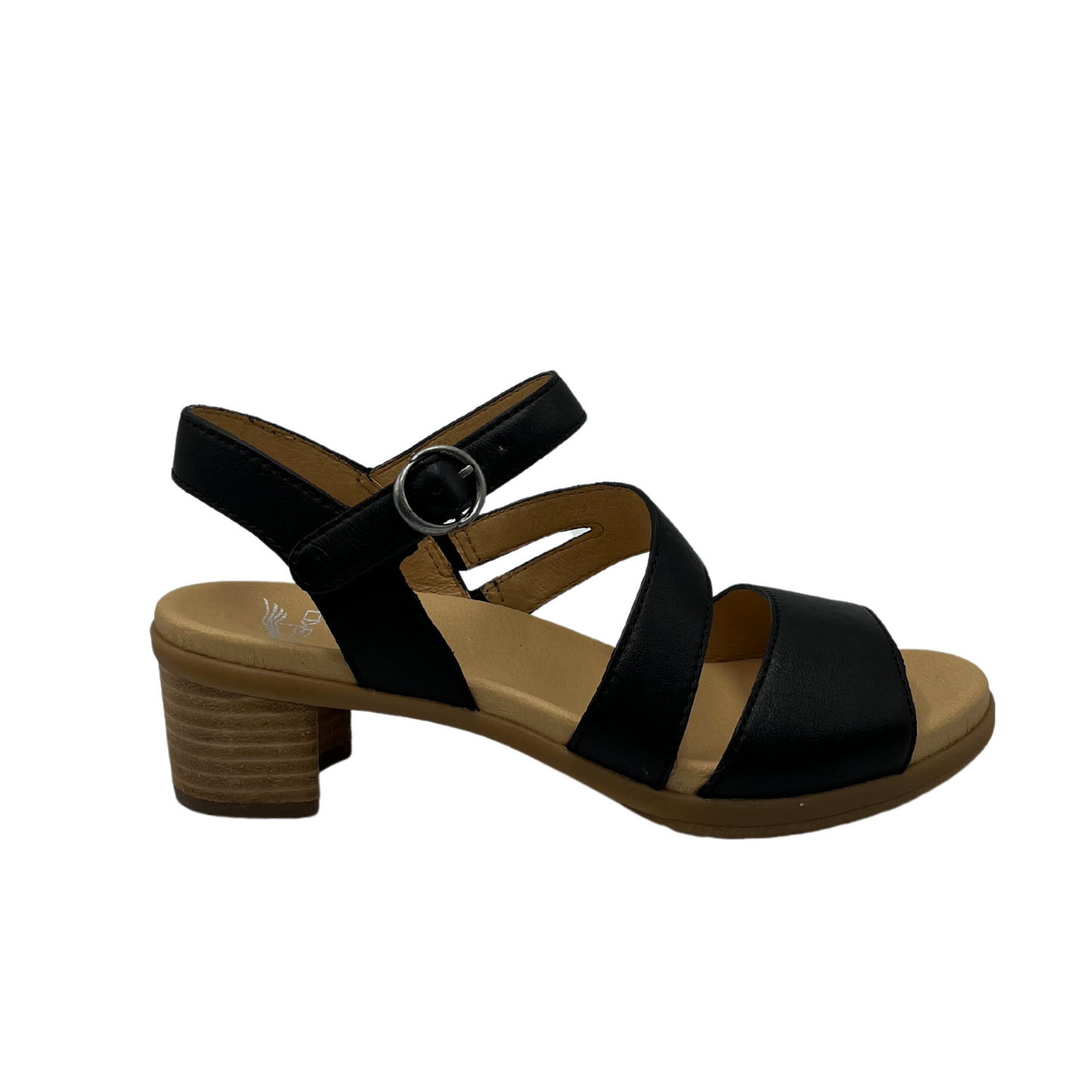 Right facing view of black leather strappy sandal with stacked heel and leather lining