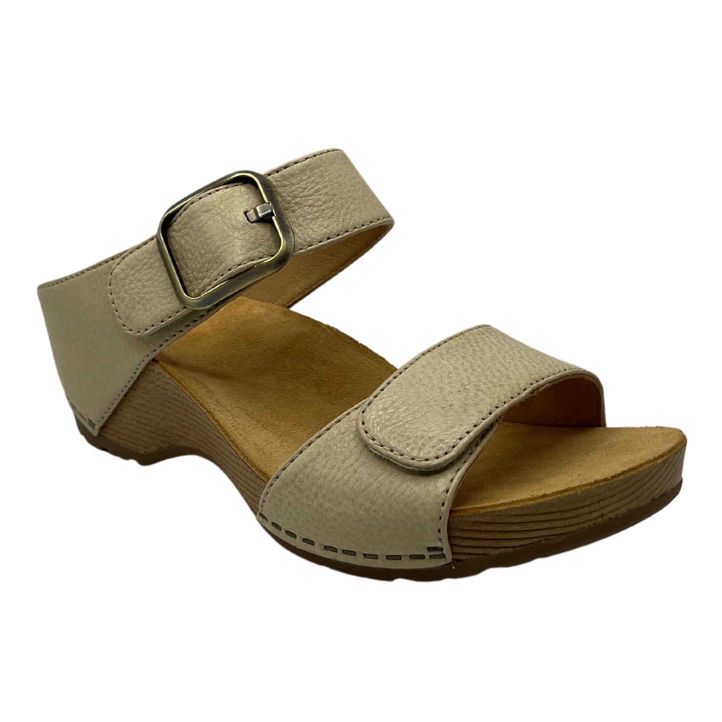 45 degree angled view of linen leather sandal with chunky sole and gold buckle
