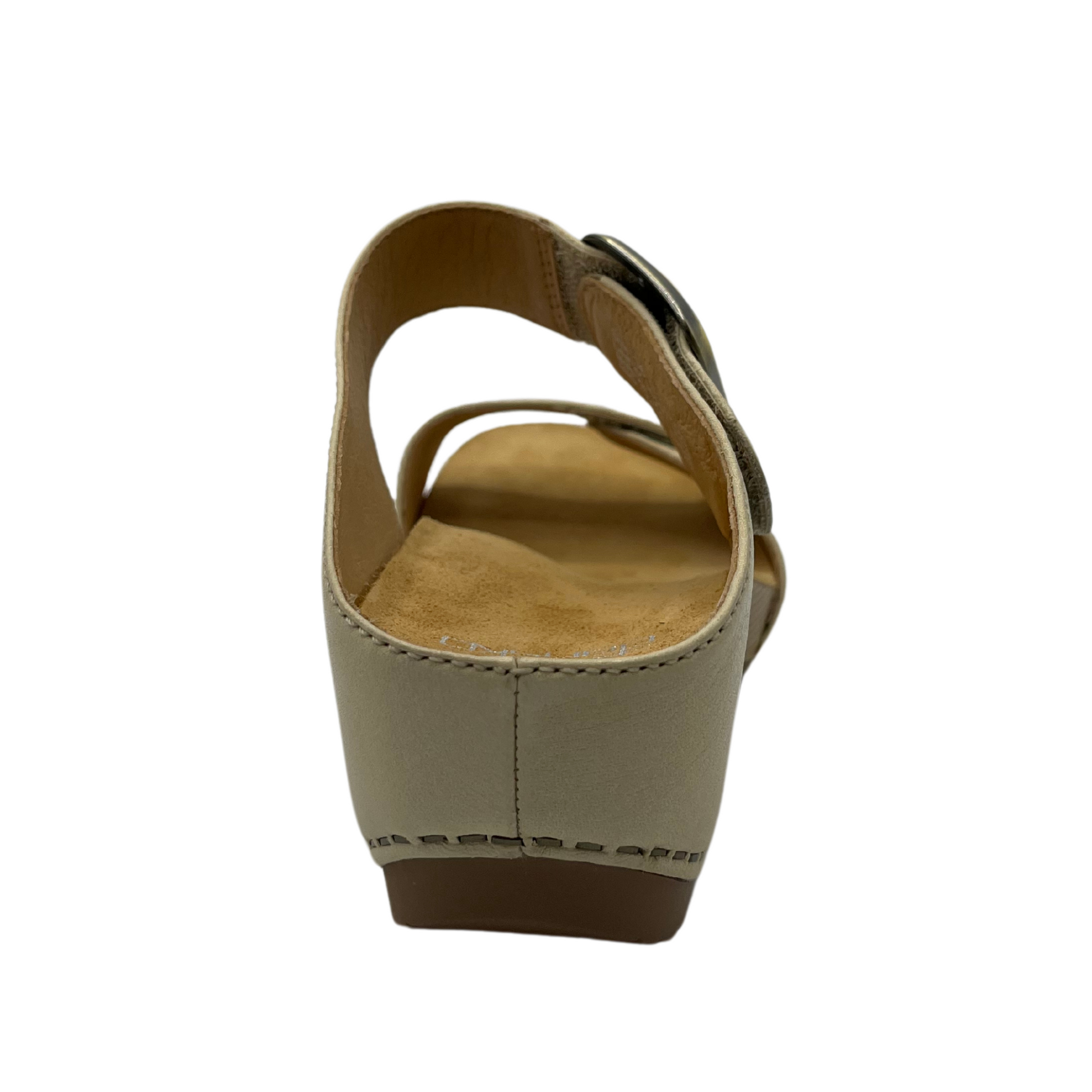 Back view of linen leather sandal with gold buckle strap and chunky heel