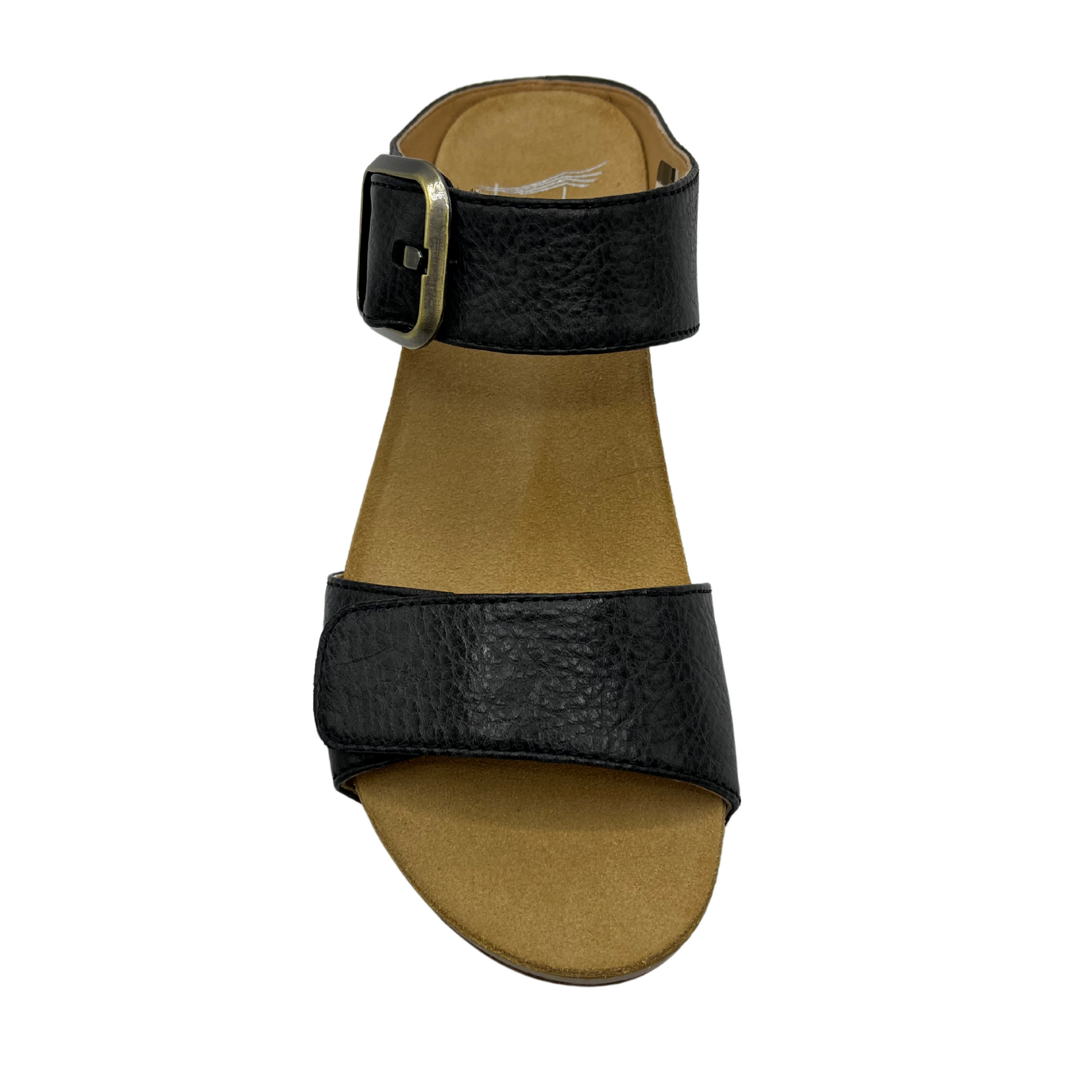 Top view of black leather strapped sandal in a slip on style with a buckle strap and tan lining