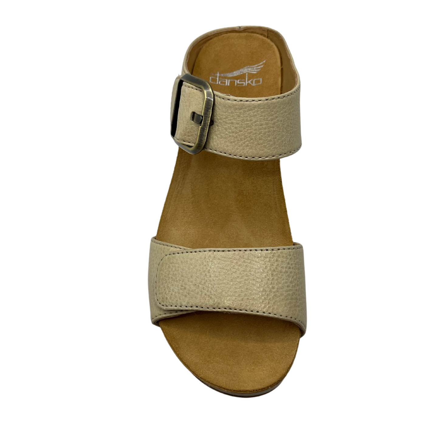 Top view of linen leather sandal with gold buckle strap and rounded sole