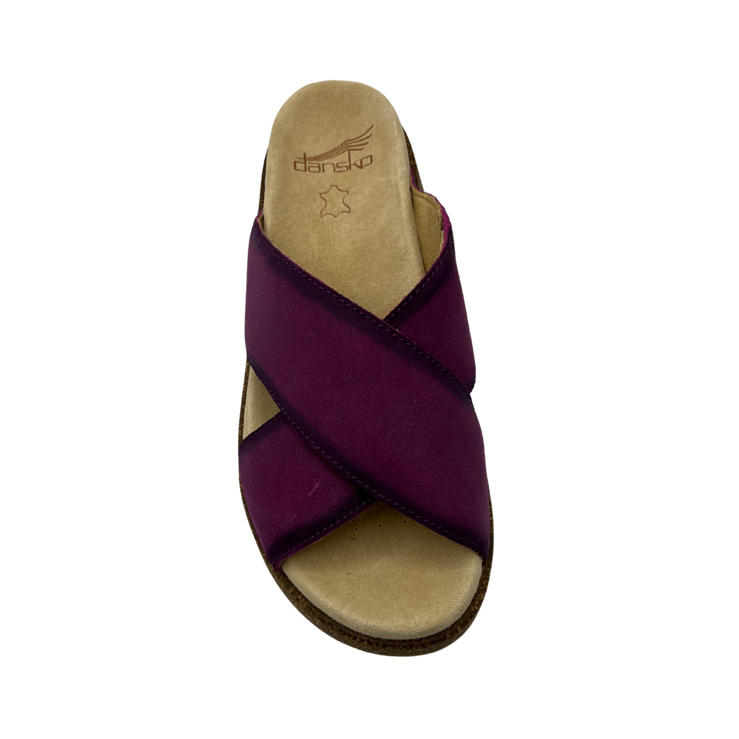 Top view of plum suede slip on sandal with thick crossed straps, thick cork outsole and suede wrapped footbed.