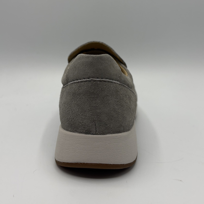 Gray suede loafer shoe on a white background
