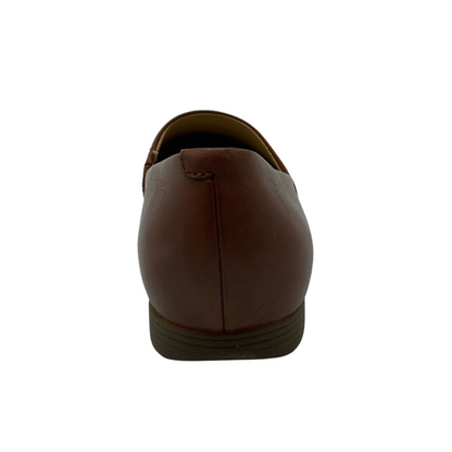 Heel view of brown leather flat with darker brown rubber sole