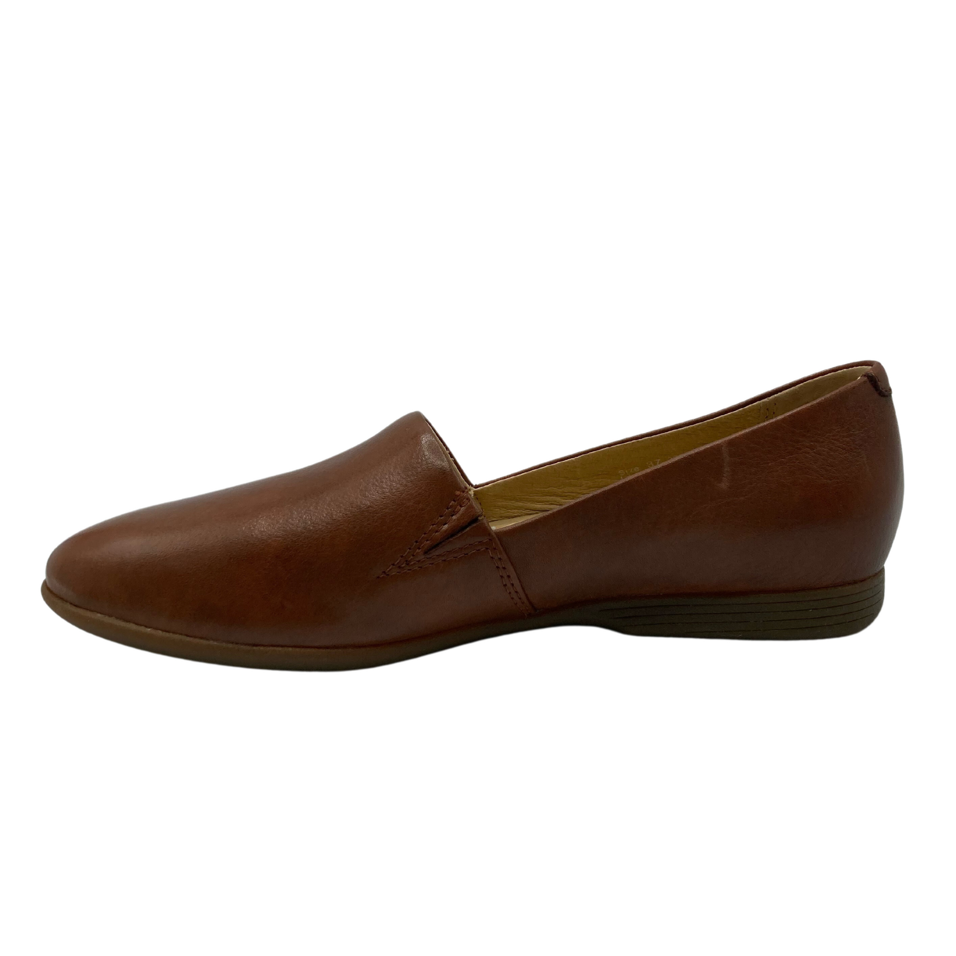 Left facing view of moc style loafer with rounded toe