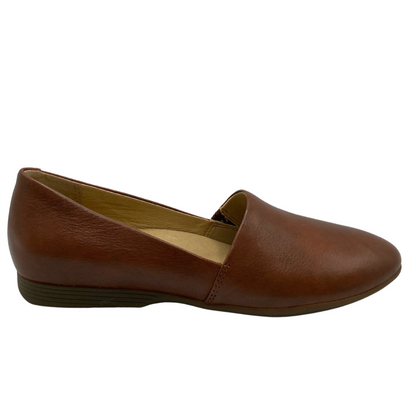 Side view of moc style leather loafer with rounded toe