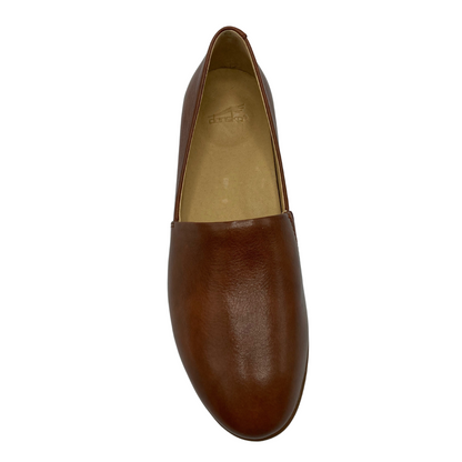 View of top of brown leather shoe with tan coloured insole and rounded toe