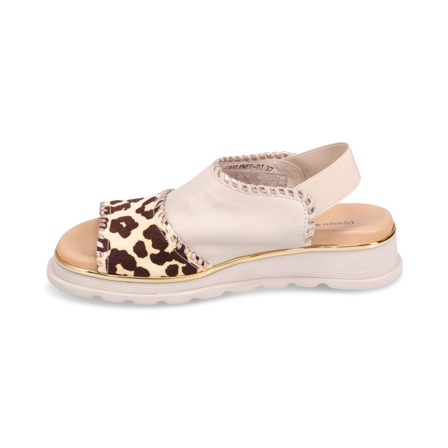 Inner side of beige Django & Juliette Carlenet sandal with leopard print heel on a white background