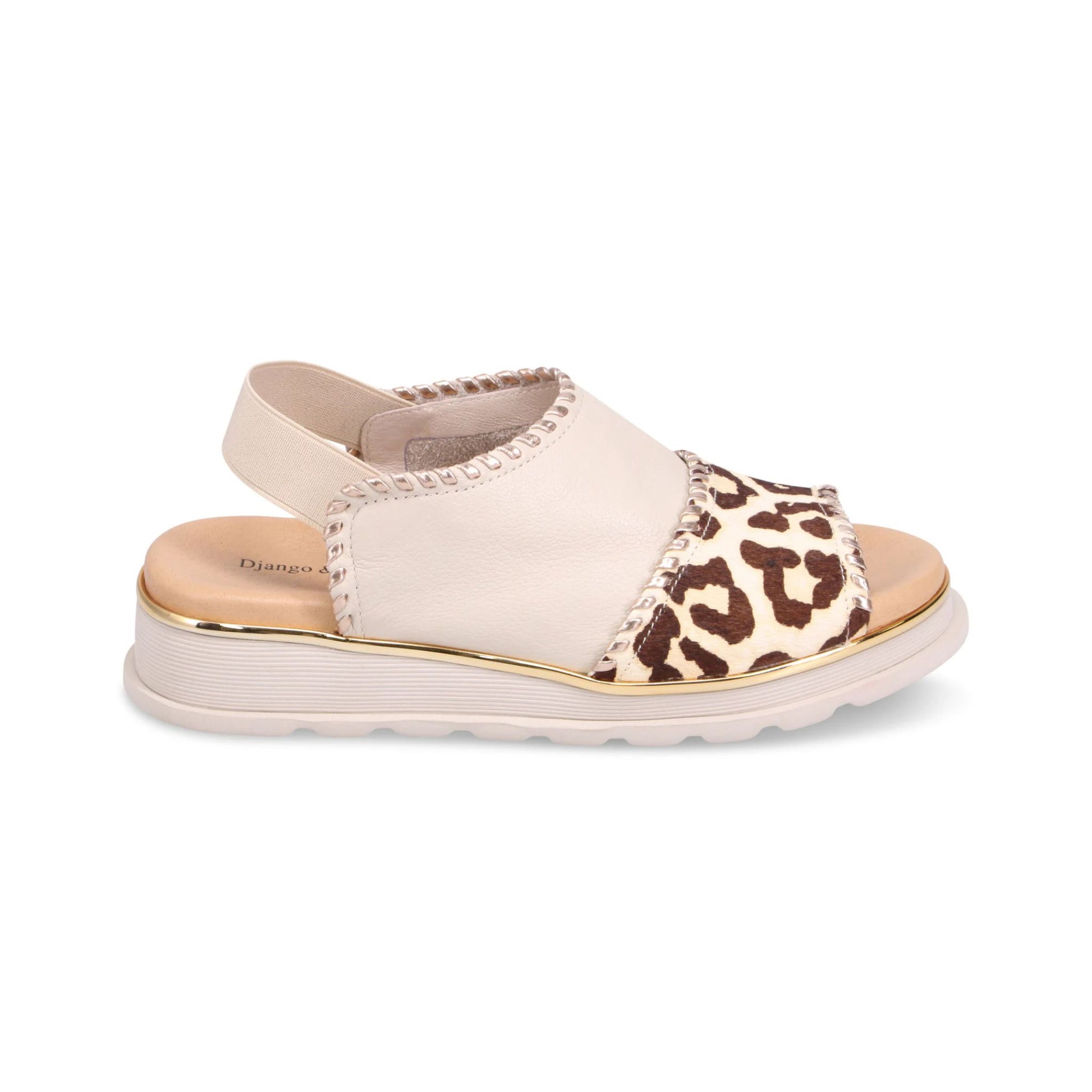 Outer side of beige Django & Juliette Carlenet sandal with leopard print strap on a white background